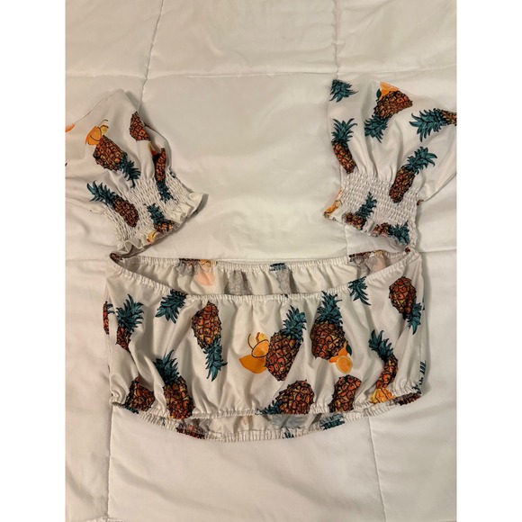 SHEIN Curve Tops - SHEIN Curve Pineapple Print Off the Shoulder Crop Top White 2XL PlusSize Smocked
